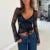 Deep V Neck Cross Wrap T-shirts Fairy Coquette Lace Sheer Blouses Tees Shirt Tie Up Cropped Tops Y2k Clothes