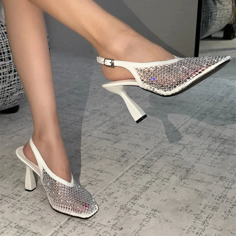 Rhinestone Squaretoe Sandals Summer Mesh Breathable Party Dress Shoes Thin High Heeled Mule Shoes