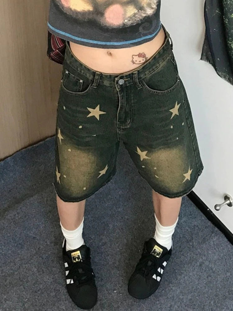 Star Print Denim Jean Shorts Hip Hop Quarter Pants Y2k Oversize Do Old Summer Slouchy Bottoms