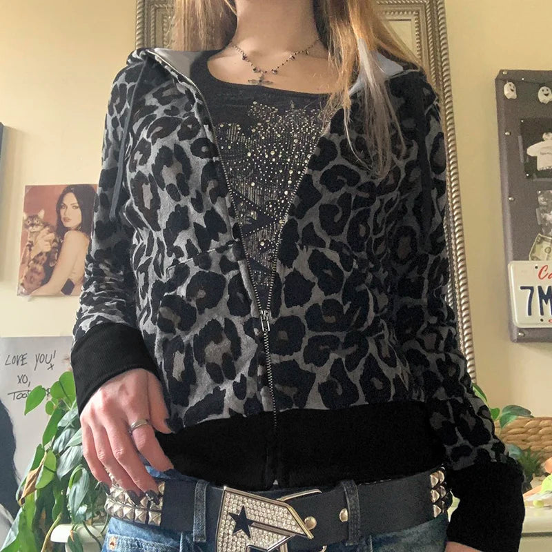 Leopard Print Velvet Hoodie Grunge Loose Zipup Hooded Sweatshirts Y2k Contrast Patchwork Cardigan Retro Thin Coat New