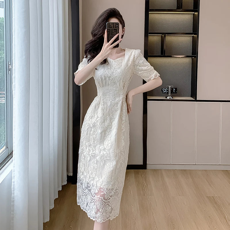 Summer White Lace Hook Flower Hollow Midi Dress Party Evening Dress Korean Festival Dress