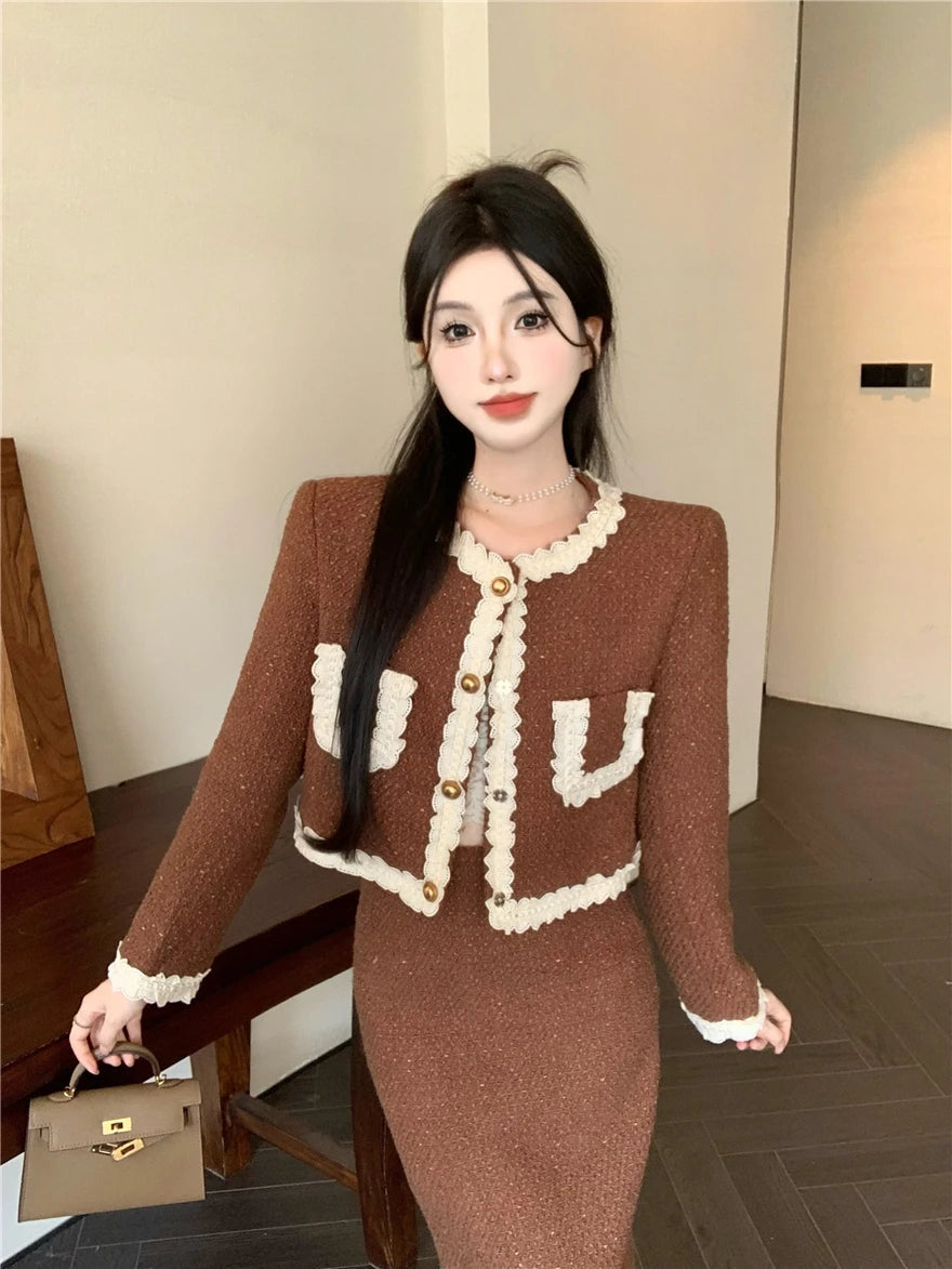 Small Fragrance Tweed Skirts Sets O Neck Patchwork Short Cardigans Jacket Long Skirt Korean Two Piece Set Female Outfits