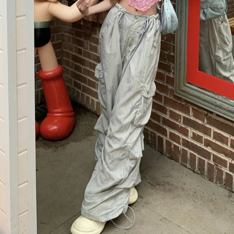 Summer New Korean Letter Printed Lace Patchwork Camisole + High Waist Drawstring Striped Pants Twopiece Suit