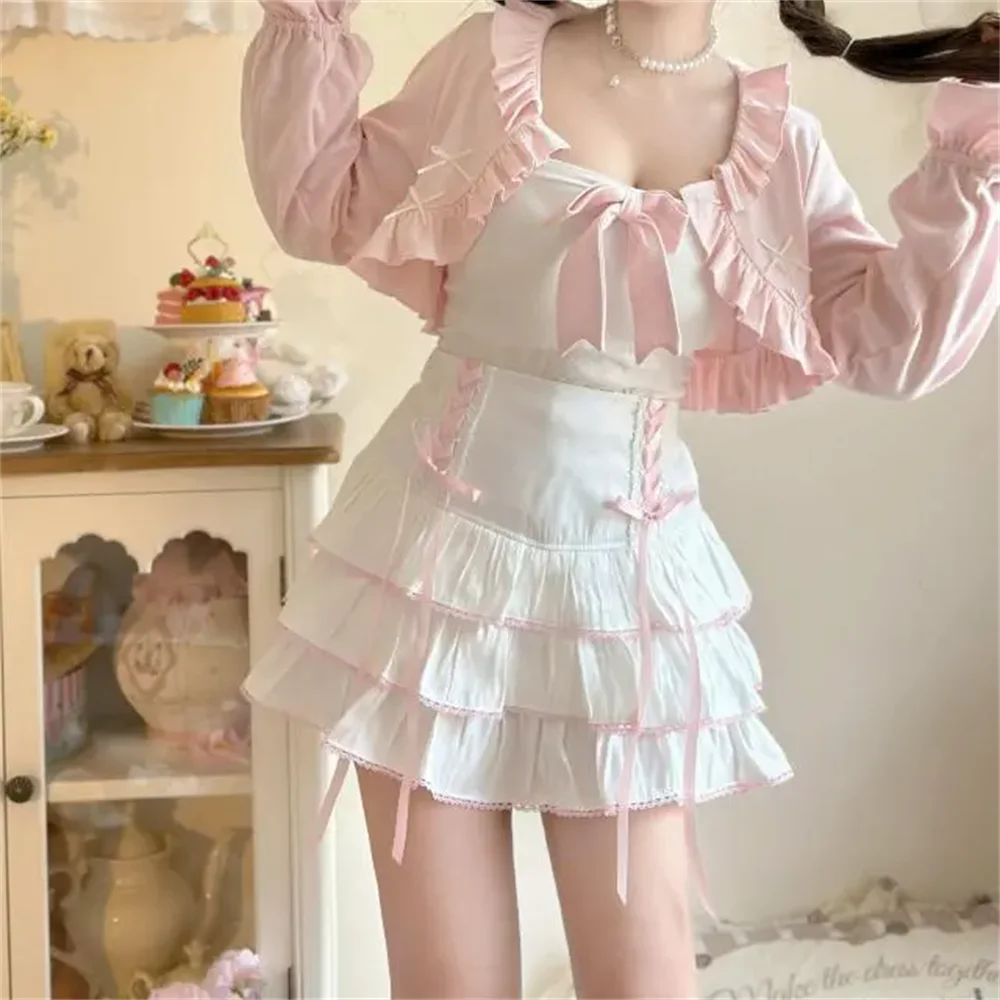 High Waist Bow Laceup Fairy Y2k Aesthetic Cake Mini Skirts Japanese Harajuku Kawaii Lace Pleated Skirts