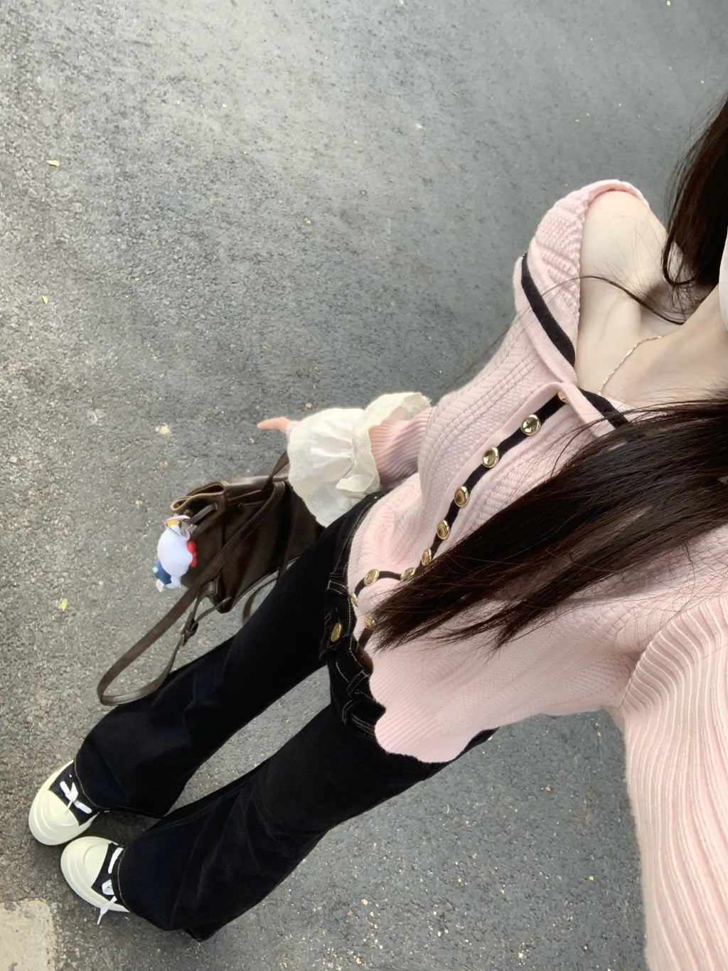 Sweet Hot Girl Pink Off Shoulder Longsleeved Sweater Autumn Sailor Collar Knitted Cardigan Top Female Clothes
