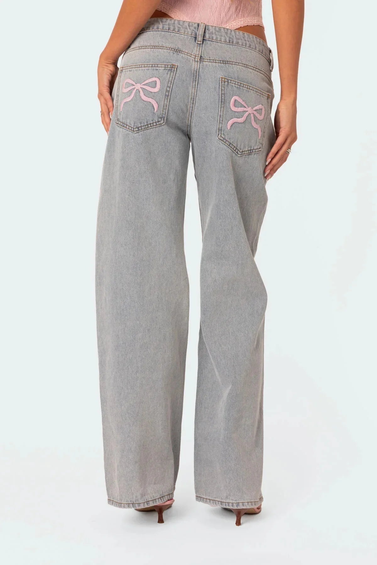 Bow Embroidered Wide Leg Jeans High Waisted Straight Leg Pants