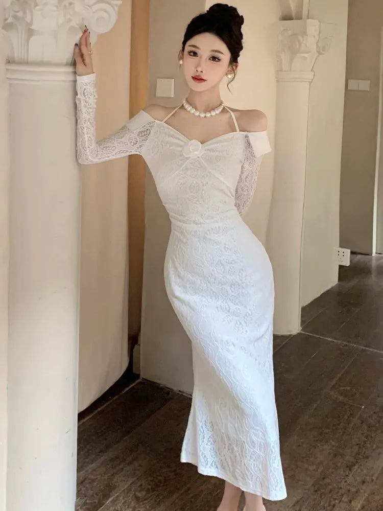 Long Dress Slash Neck Slim Bodycon Short Lace Dresses Evening Party Autumn Spring New Vestidos
