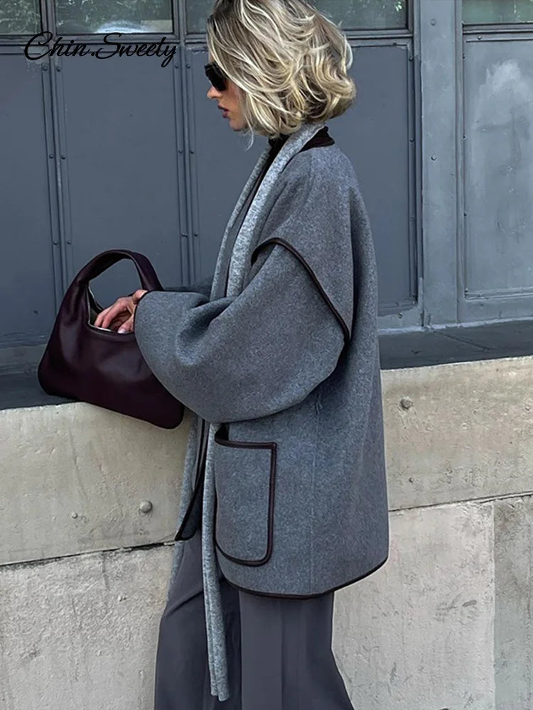 Patchwork Belt ’s Coats Contrast V-neck Long Sleeve Pocket Female Overcoats Autumn Lady New in Outwear