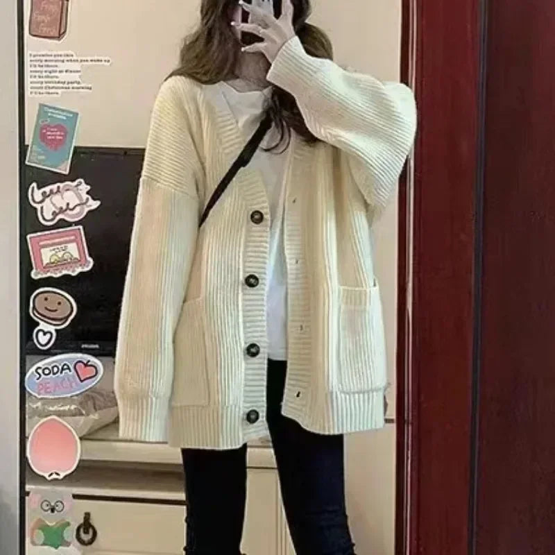 Autumn Winter Cardigan Sweater Coats Female Long Sleeve V-neck Loose Knitted Jackets Sweater Cardigans