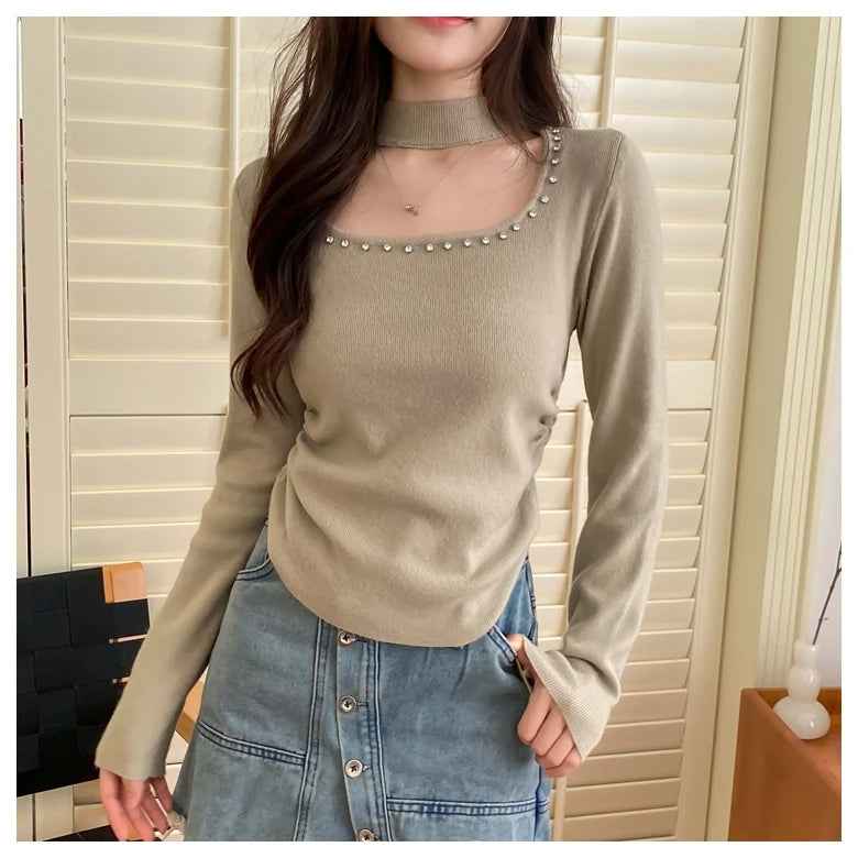 No Maillard Rule Neck Cutout Knitted Bottoms Autumn Design Sense of Pure Spice ' Slim Fit Short Suit Sweater