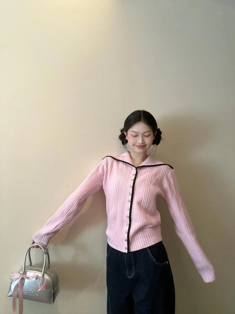 Y2k Pink Knitted Cardigan Sailor Collar Long Sleeve Sweater Korean Preppy Style Autumn Winter Clothes