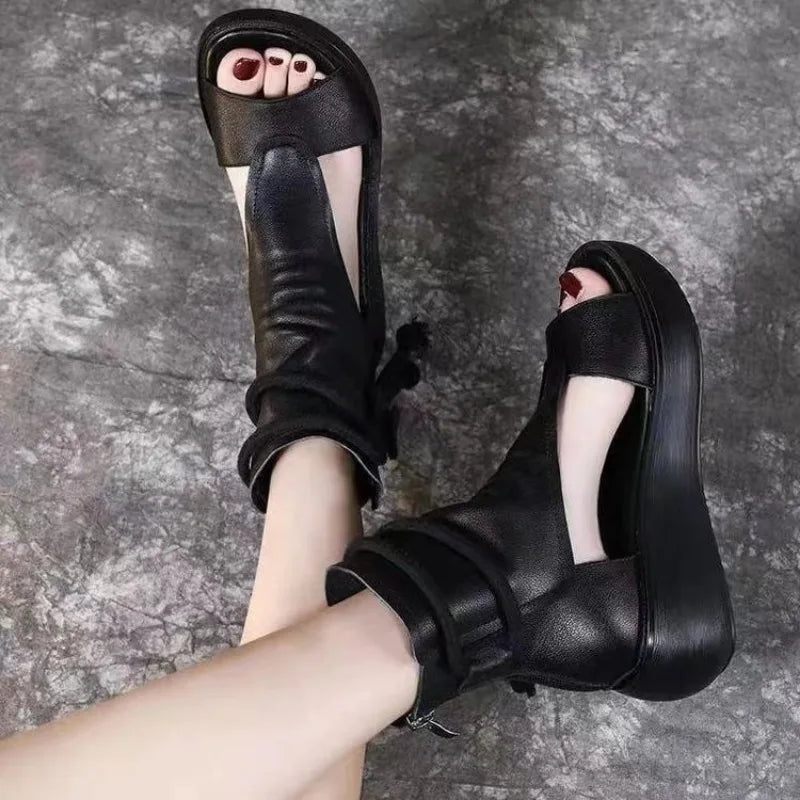 New Roman Shoes Summer Leisure High Top Elevated Slope Heel Cool Boots Soft Leather Thick Sole Fish Mouthsandals