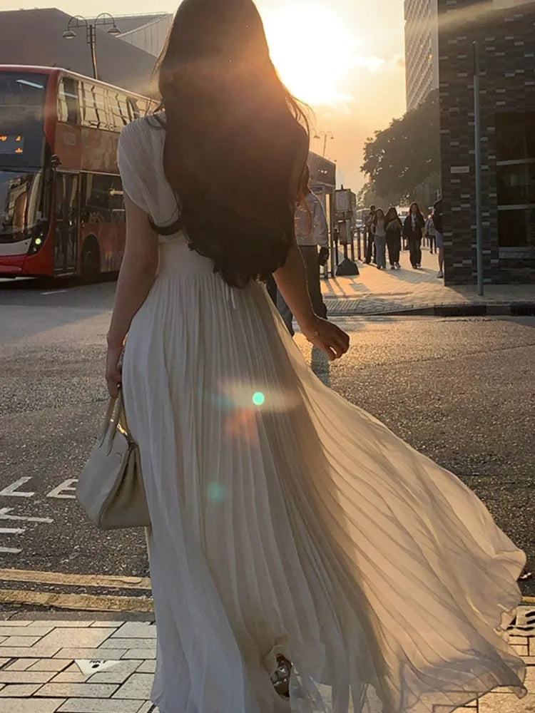 Summer New Party Pleats Long Dresses for Vneck High Waist Holiday Sleeveless Female Clothing Robe