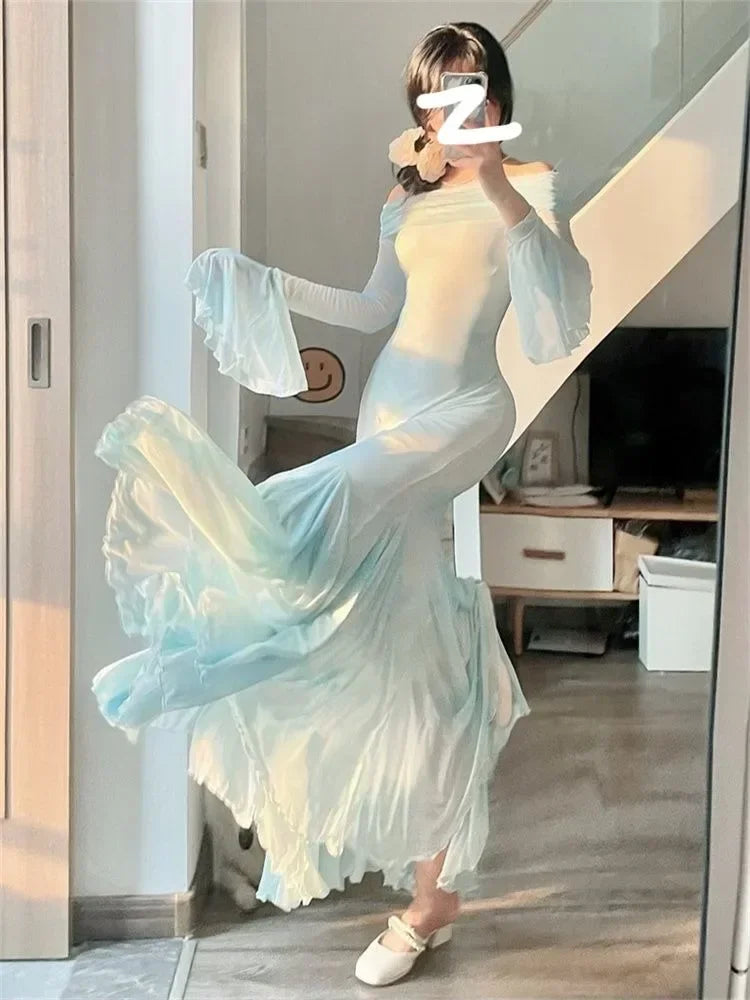Exquisite Bellsleeved Dress New Highend French Retro Autumn Fishtail Long Dresses Evening Party