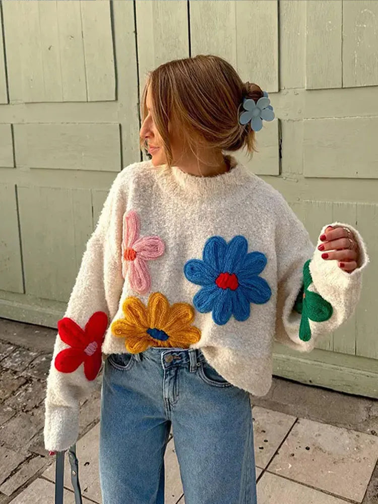 Autumn Knitted Sweater Sweet Flower Loose Long Sleeve O-neck Female Pullovers New Loose Tops