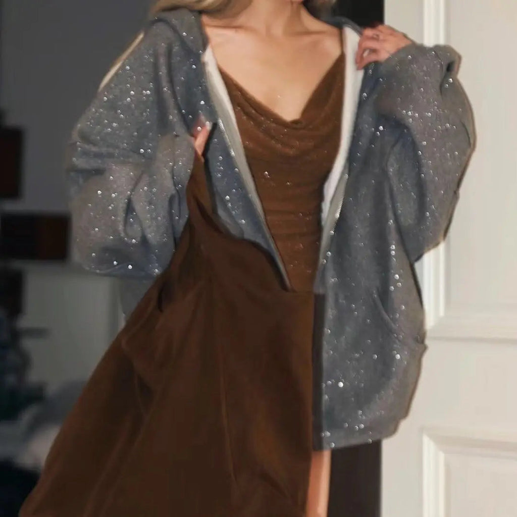 Embellished Hoodies Gray Starry Sweatshirts Oversize Bright Zip Coat Gentle Versatile Cardigan
