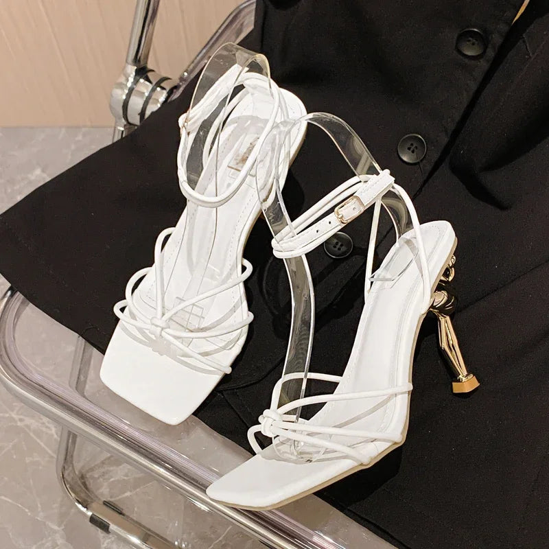 Square Toe Narrow Band Sandals Ankle Buckle Strap High Heels Party Female Shoes Sandalias Mujer