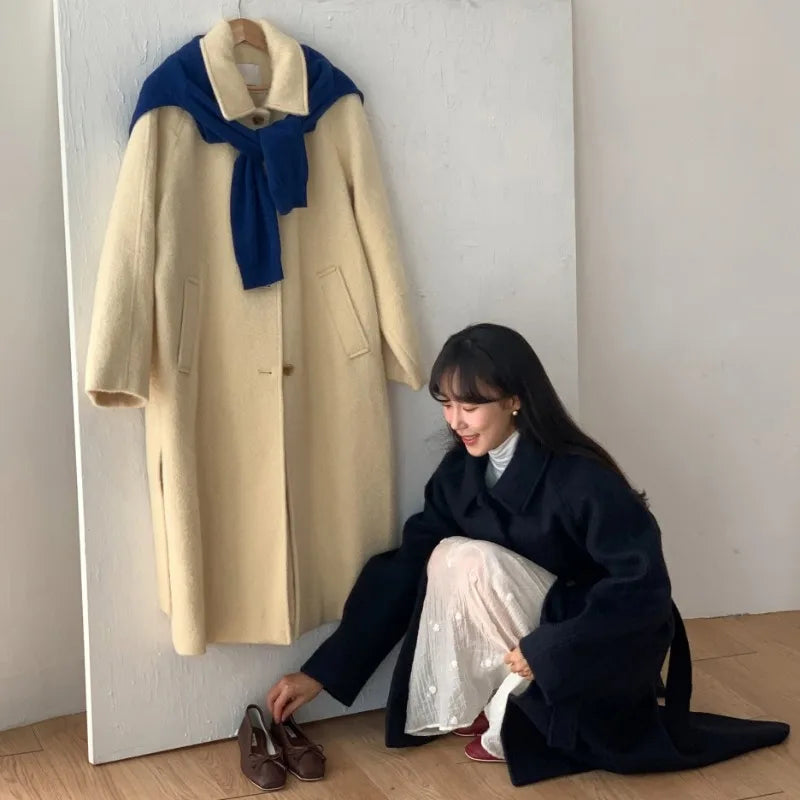 Sweet Hot Girl Retro Turndown Collar Woolen Coat Autumn/winter Longsleeved Loose Singlebreasted Coat Female Clothes