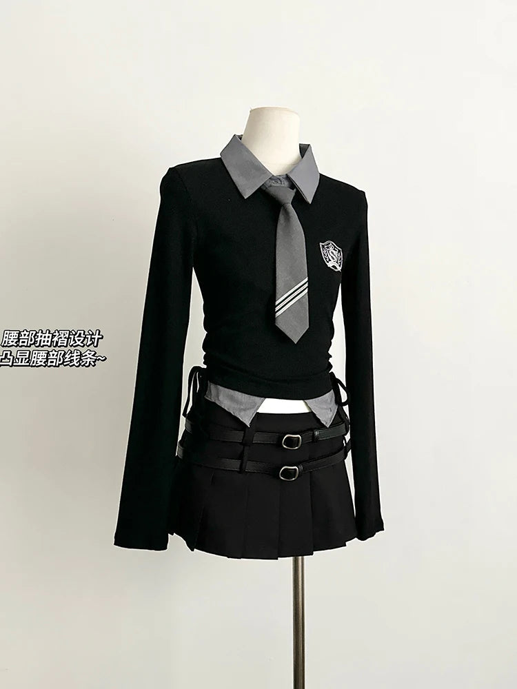 Fall Jk Preppy Style Y2k Gyaru Outfits 2 Piece Set Knit Long Sleeve Crop Tops Blouses Tie + Mini Pleated Skirt With Belt