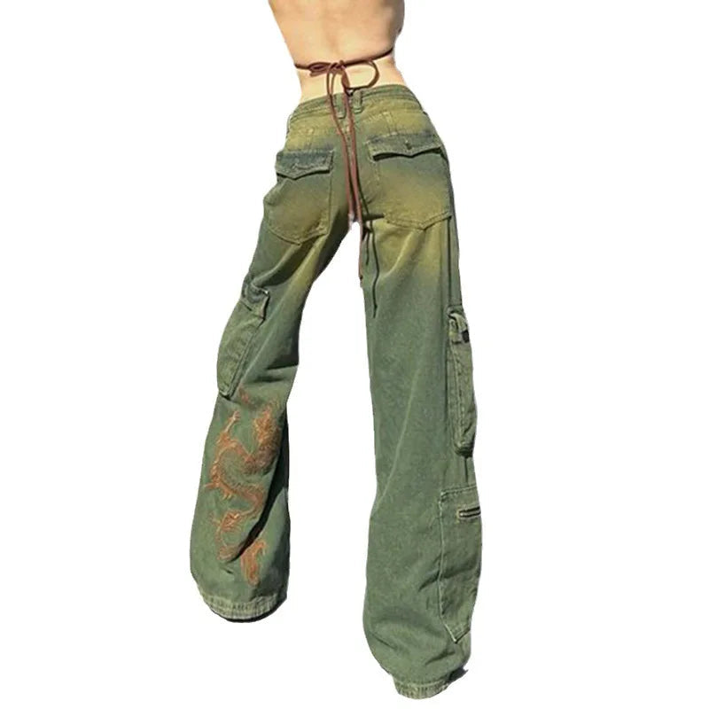 Grunge Fairycore Cargo Pants Denim Y2k Aesthetic Dragon Embroidery Jeans Baggy Distressed Trousers