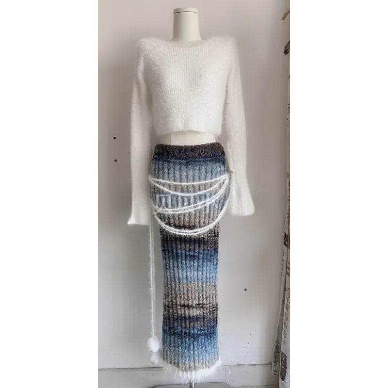 Sweet Hot Girl Knitted Suit Autumn and Winter Longsleeved Mohair Sweater High Waist Skirt Twopiece Set Female Clothes