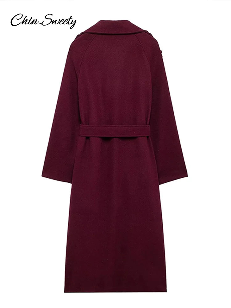 Burgundy Red Double Breasted Overcoat Lace Up Loose Lapel Pockets Long Sleeve Coat New High Street Outerwear