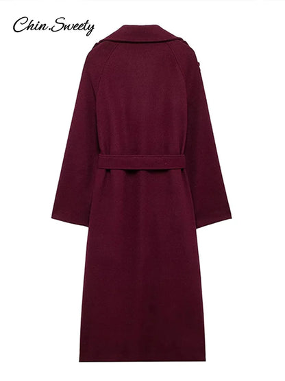 Burgundy Red Double Breasted Overcoat Lace Up Loose Lapel Pockets Long Sleeve Coat New High Street Outerwear