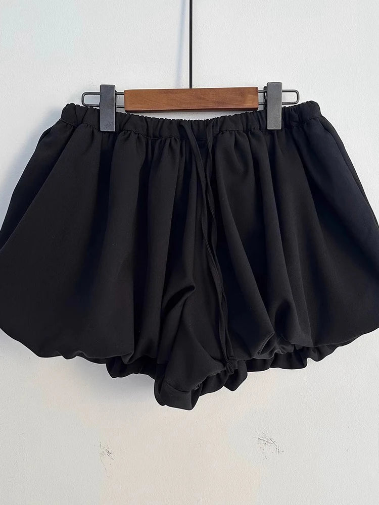 Korean Summer New Style Retro Temperament Drawstring Elastic Fluffy Flower Bud Pants Show Legs Long Shorts