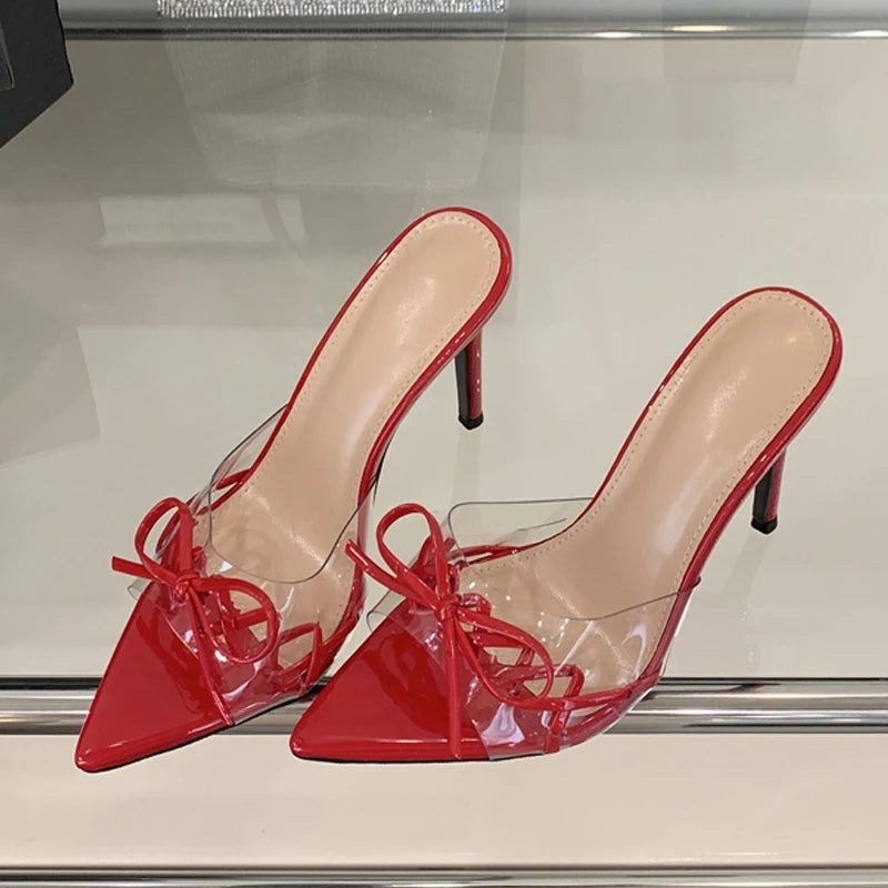Pointed Toe Red High Heels Transparent Slippers Leather Bowknot Designer Sandal Summer Party Dress Shoes