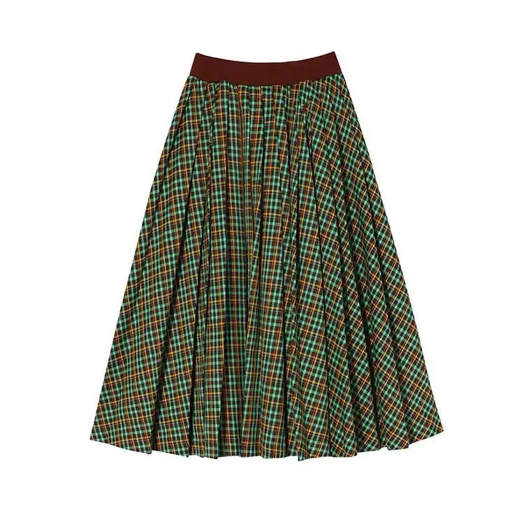 Large Plaid Skirts for Woman Autumn New Design Pleated Skirt Korean Faldas Long Elastic Waist Skirts