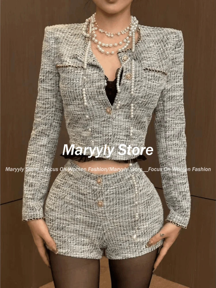 Autumn Korean Slim Outfits 2 Piece Set Y2k Office Lady Long Sleeve Short Coat + Bodycon Higt Waist Shorts New