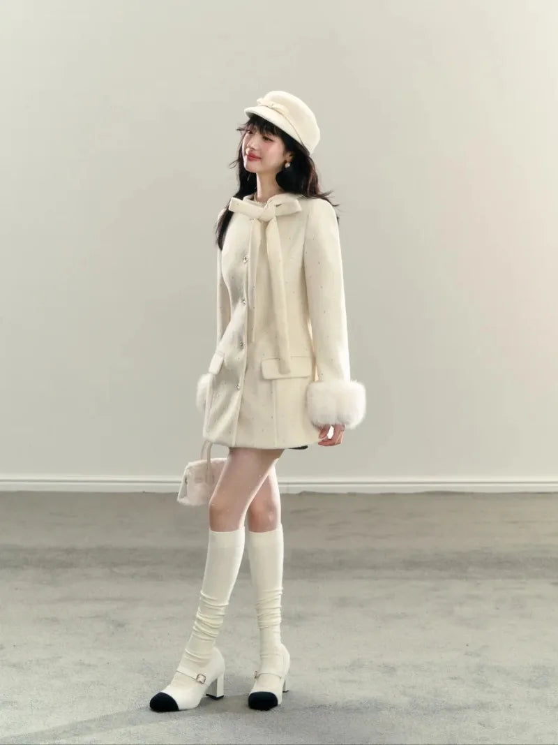 Sweet Hot Girl White Laceup Bow Coat Winter Slim Fit Single Breasted Woolen Coat Female Clothes