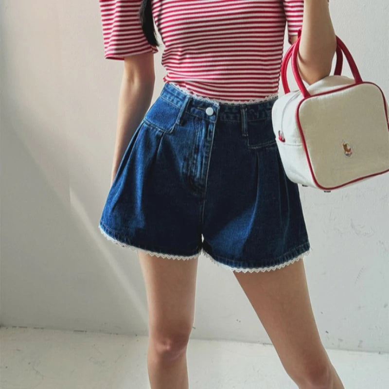 Spring Summer Lace Patchwork Denim Short Pants High Waist Loose Jeans Wide Leg Shorts for