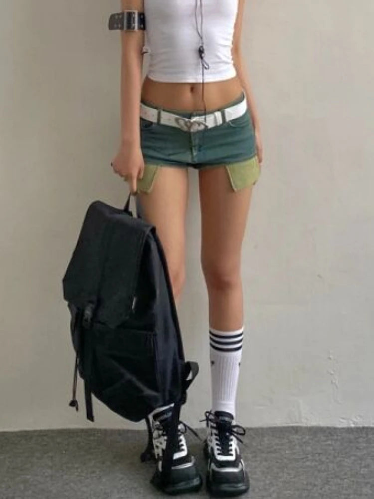 Woman Tiedyed Jean Low Waist Shorts Tight Bodycon Denim Button Shorts Patchwork Hot Pockets Pants Gyaru