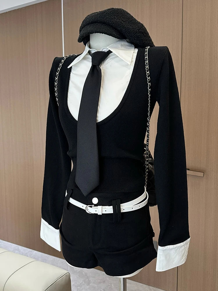 Harajuku Gyaru Preppy Outfits 2 Piece Set Long Sleeve Fake Two Pieces Shirts + Y2k 2000s Aesthetic Shorts Hot Pants Belt