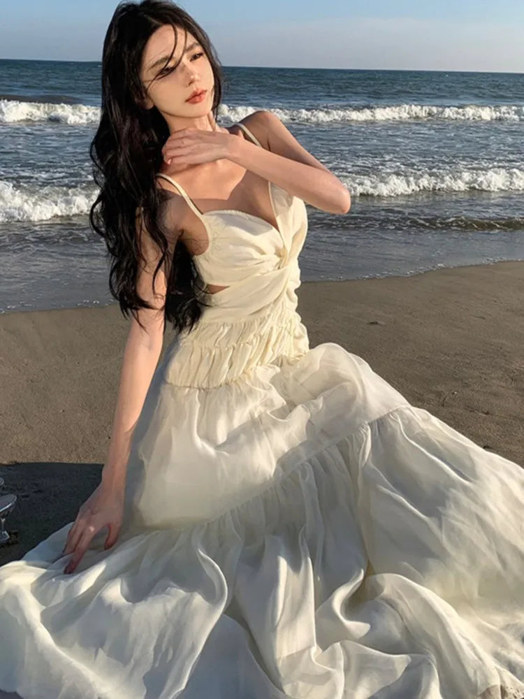 Beige Club Backless Pleated Slip Dress Summer Vneck Slim Lace Up Sleeveless Evening Party Fairy Long Dresses