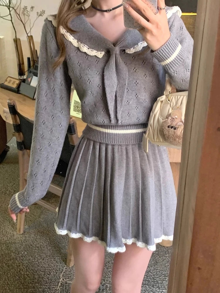 Winter Spring New 2 Piece Mini Sweater Knit Pleated Skirts Set Slim Korean Preppy Style Female Outfits
