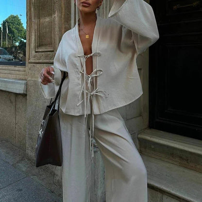 V Neck Lace Up Top and Pants 2 Piece Set New Spring Long Sleeved Loose Suit Simple Color High Street Outfits