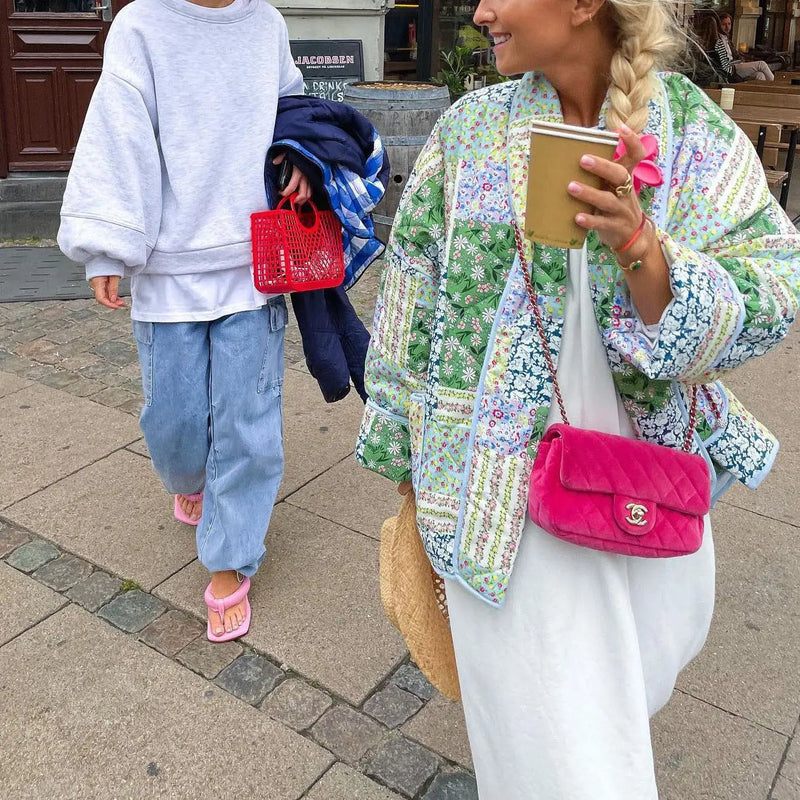 Patchwork Print Jacket Coats for Autumn Winter Long Sleeve Cotton Warm Cardigan Coat Female Outwear