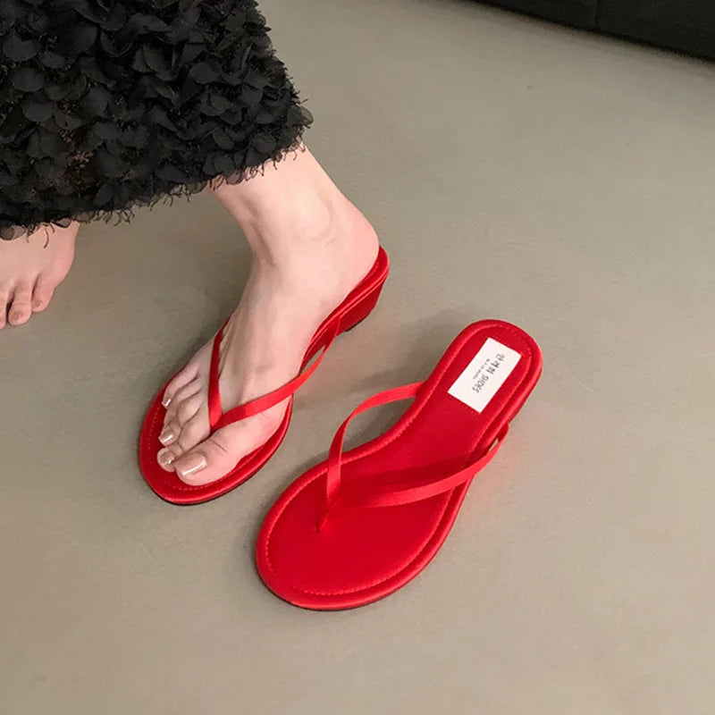 Summer New Slipper Narrow Band Slip on Flip on Shoes Low Wedge Heel Outdoor Dress Slides New Woman