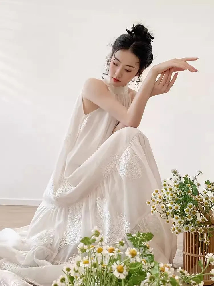 French Apricot Embroidery Printed Dress Spring Summer Sleeveless Hanging Neck Aline Dress Midi Dresses