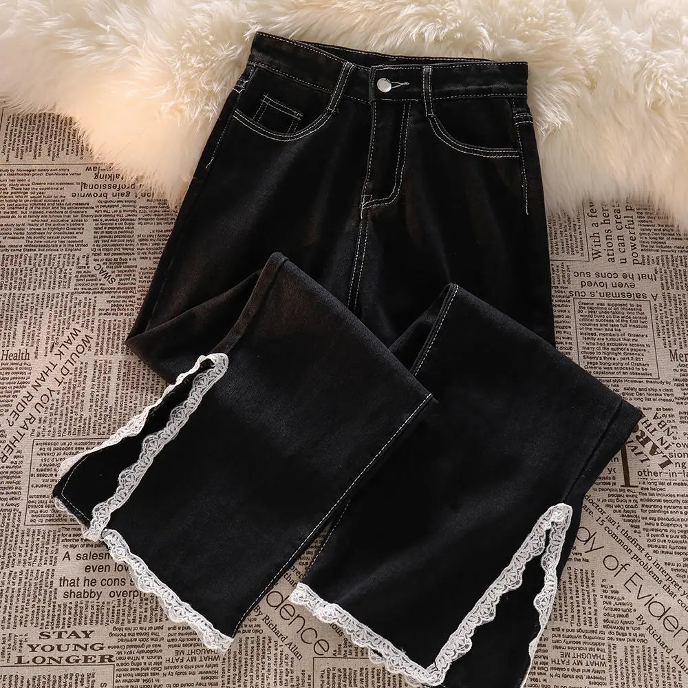 Korean Lace Slit Jeans Pants High Waist Oversize Wide Leg Trousers New Ins All Match Denim