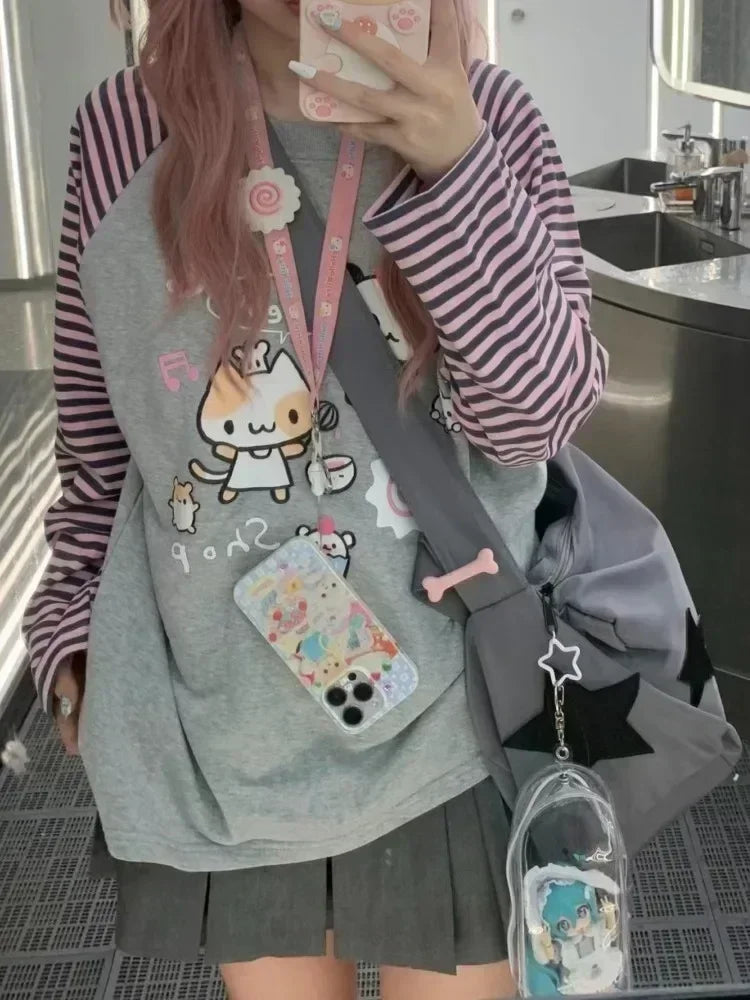 Harajuku Stripe T Shirt E-girl Kawaii Chinese Panda Graphic T-shirts Cutecore Cartoon Raglan Sleeve Clothes Autumn