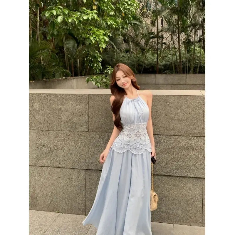 Lace Patchwork Hanging Neck Dress Summer Waist Cinched Sleeveless Spicy Girl Temperament Aline Long Dresses