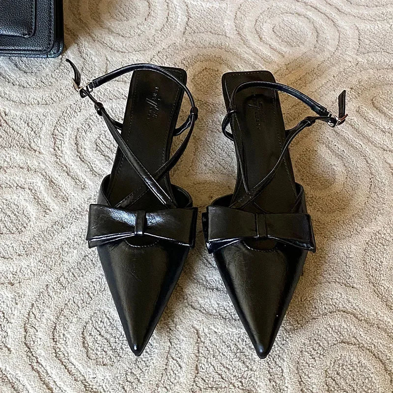 Sandals Butterflyknot Slingback Pointed Toe Pumps Crosstied Low Heeled Dress Shoes Zapatos De Mujer
