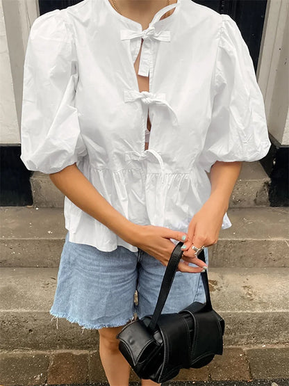 Hollow Out Short Sleeve T-shirt Shirts ’s Summer Patchwork Lace-up Loose Female Y2k Top Shirts