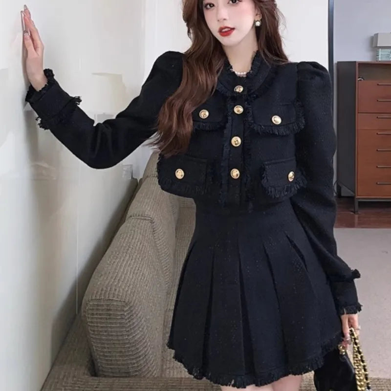 Tweed Suit 2-piece Skirt Set Autumn Winter New French Style Cropped Jacket Coat Mini Skirt Korean Female Outfits