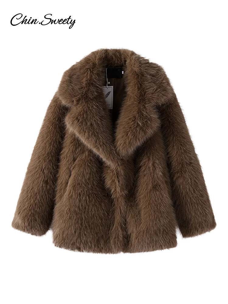 ’s Brown Faux Fur Coat Lapel Mid-length Loose Imitation Plush Furry Buckle Overcoat Winter Lady Thick Warm Outwear