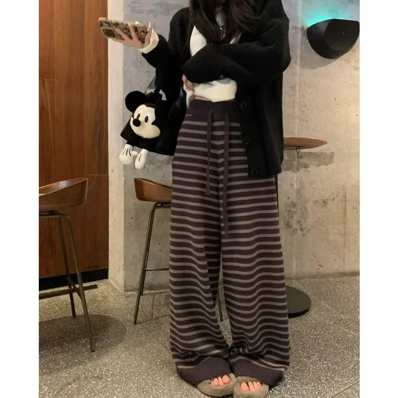 Laceup Loose Knitted Pants Spring New Korean High Waist Contrast Color Striped Wide Leg Pants