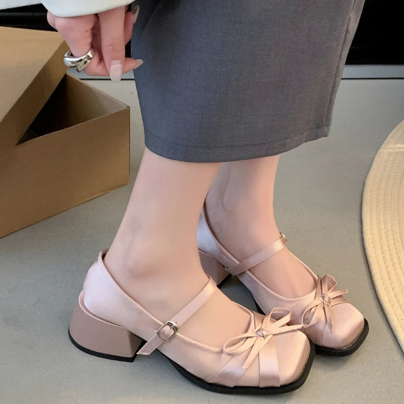 Pink Bow High Heels Spring and Summer New Squareheaded Silk Ribbon Buckle Single Shoes Shallow Thickheeled Shoes